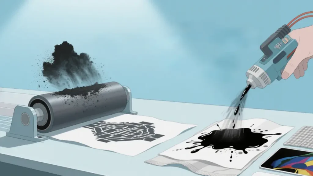 Illustration showing toner application via electrostatic & heat fusing, and ink application through spraying/absorption on various materials.