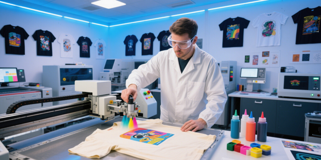 A technician operates a DTG printer to spray vibrant ink onto a light-colored cotton T-shirt.