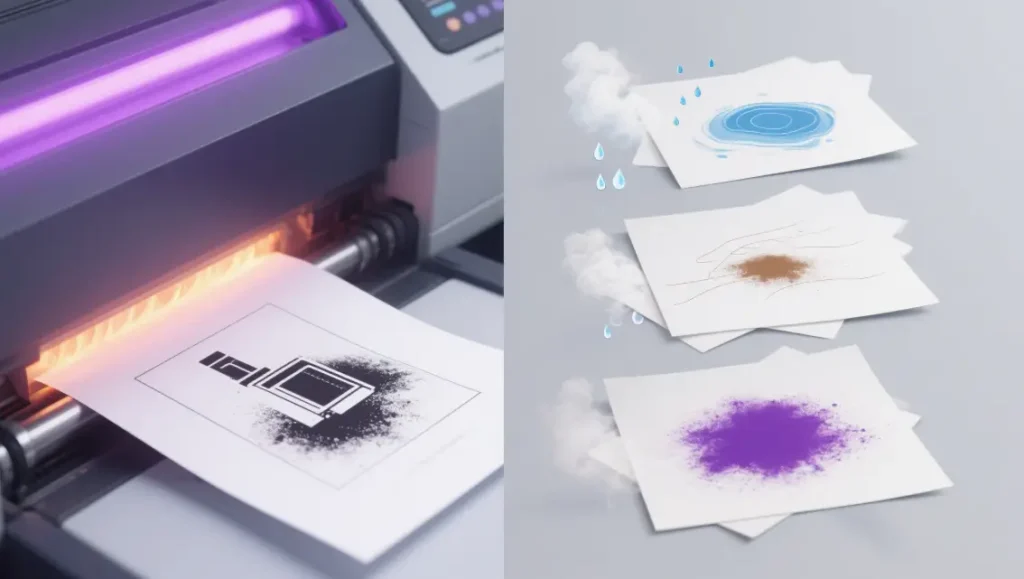 Illustration comparing toner heat fusing (instant drying) and ink drying methods: water vapor for water-based ink, odor lines for oil-based ink, and UV light for instant-drying UV ink.