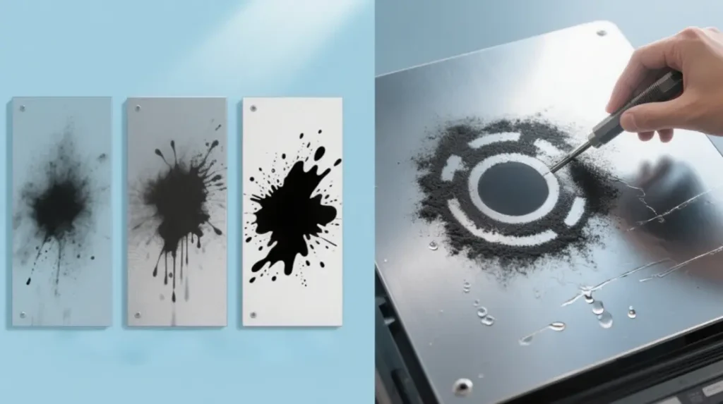 Illustration showing toner's wear/light resistance on metal and ink durability: water-based ink fading, oil-based ink minor wear, UV ink scratch/corrosion resistance.