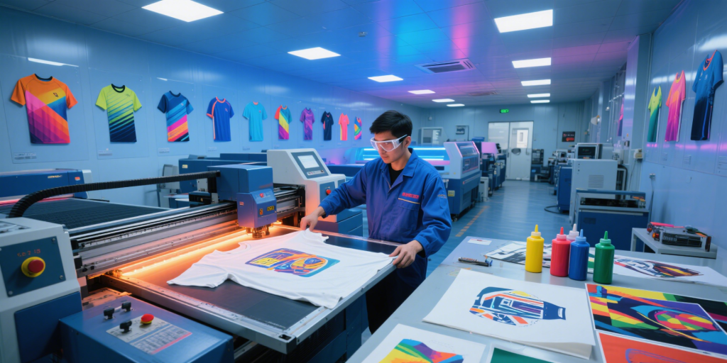 A worker uses industrial equipment in a large workshop to bond dye-infused paper with a white polyester sports shirt under high heat.