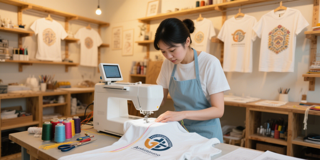 A craftsperson operates a computerized embroidery machine to stitch a 3D corporate logo onto a white cotton T-shirt.