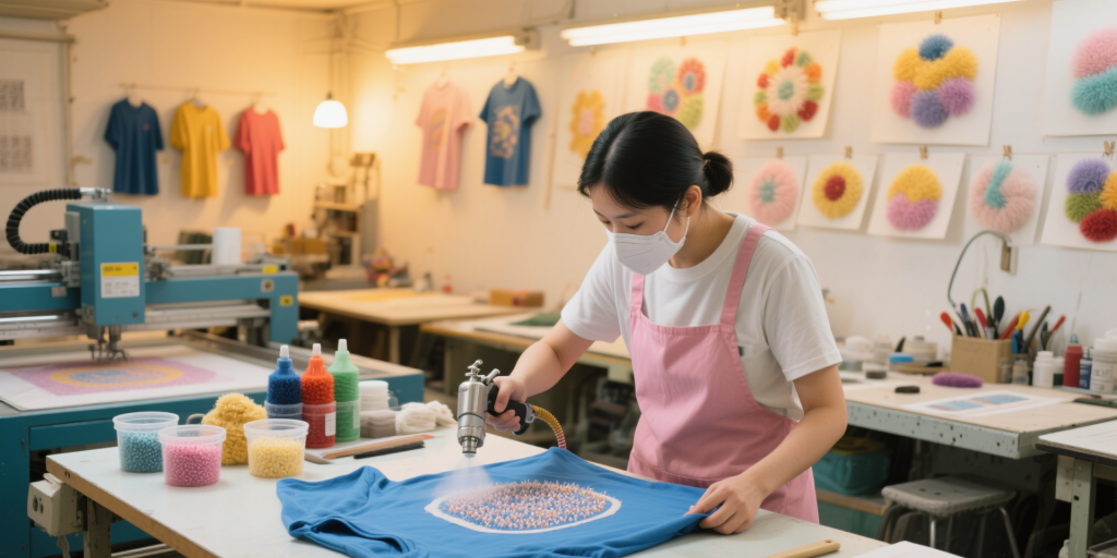 A staff member applies adhesive to a blue T-shirt and sprays fine fiber particles onto it.