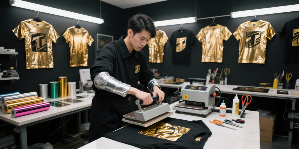 An operator uses a heat press to bond gold metallic foil onto a black T-shirt’s adhesive design.