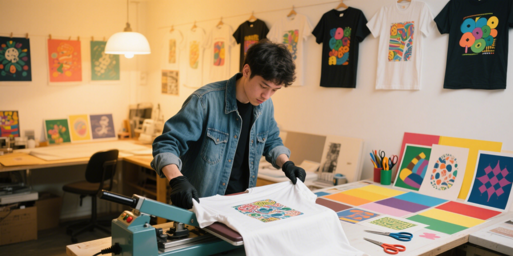 An operator places a printed transfer paper onto a white T-shirt and uses a heat press to apply it.