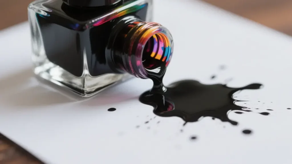 Vibrant colored ink in a glass jar, dripping onto paper to highlight its liquid consistency and pigment.