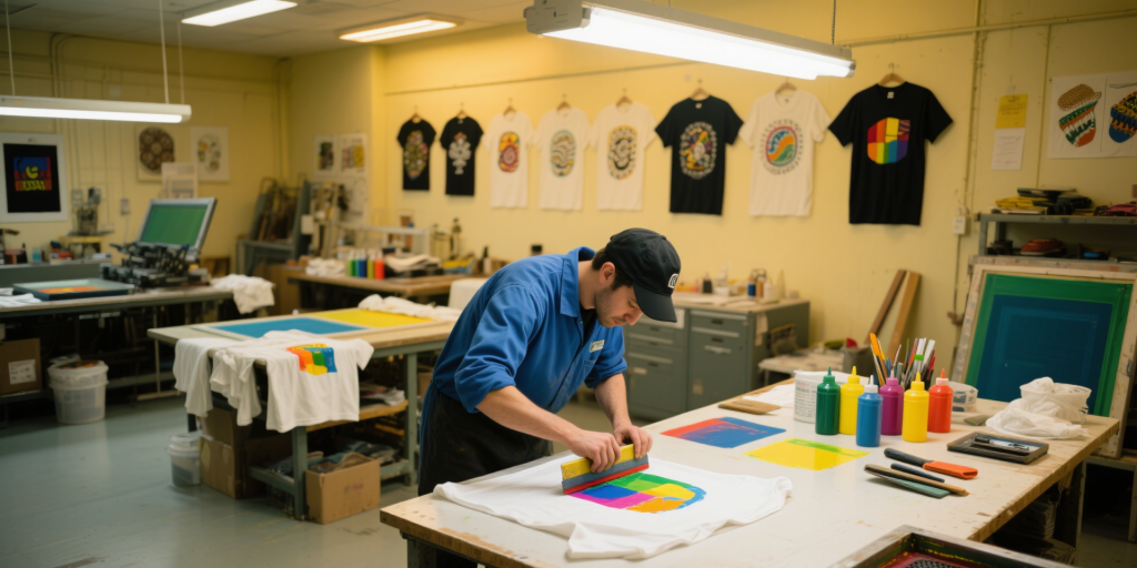 A worker uses a squeegee to push colorful ink through a mesh screen onto a white T-shirt.