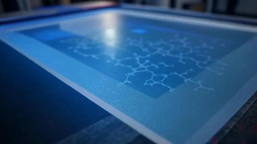The image shows a screen printing emulsion process with UV exposure, washing, and molecular cross-linking details.