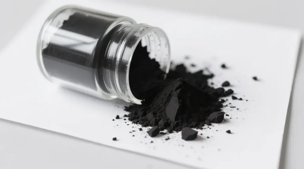 Close-up of black toner powder in a glass container, spilled onto smooth white paper to show its powdery texture.
