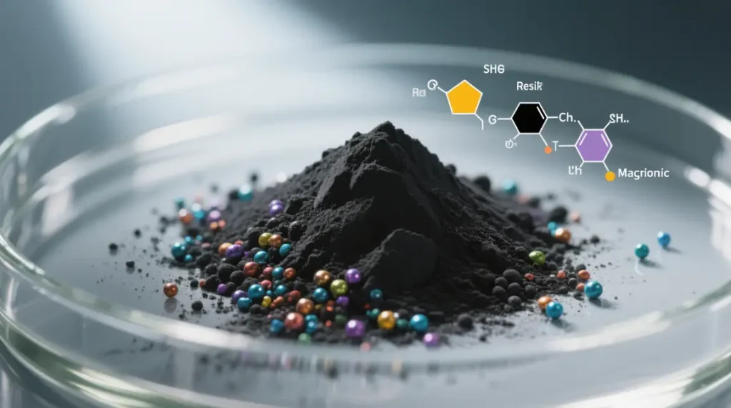 Close-up of colorful toner particles in a glass container with molecular structure schematics of resin, pigment, and magnetic particles, highlighting their powdery texture and components.