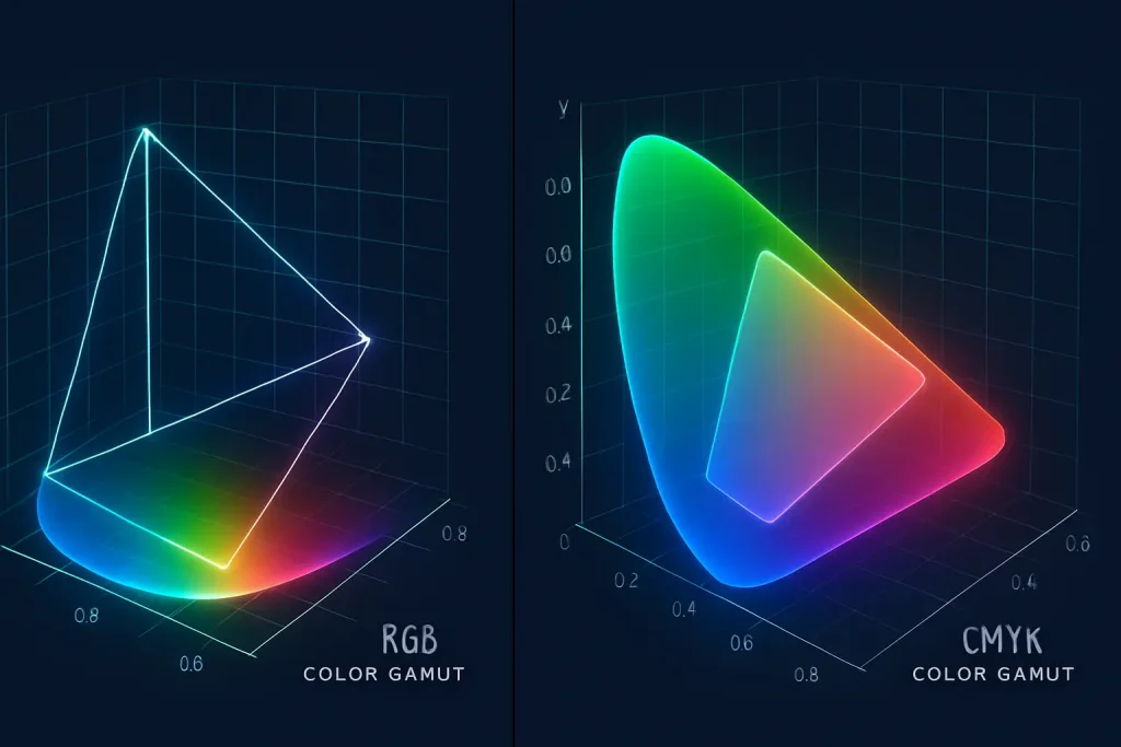 Shows RGB gamut (larger, vibrant) vs. CMYK gamut (smaller, within RGB), highlighting color loss.