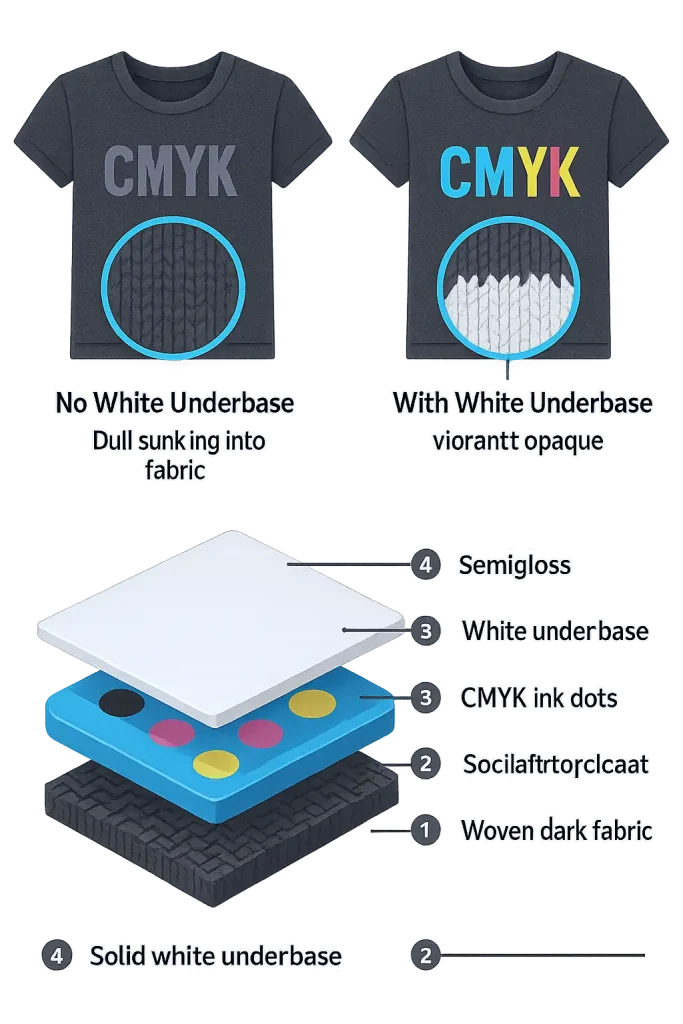 Compares CMYK printing on dark fabric with and without a white underbase, showing vibrant results with the underbase.