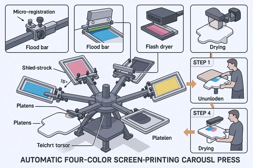 Depicts a multi-station screen printing press, showing CMYK layers applied sequentially.