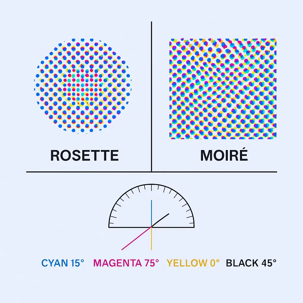 Shows CMYK dot angles forming rosette patterns vs. incorrect angles causing moiré.