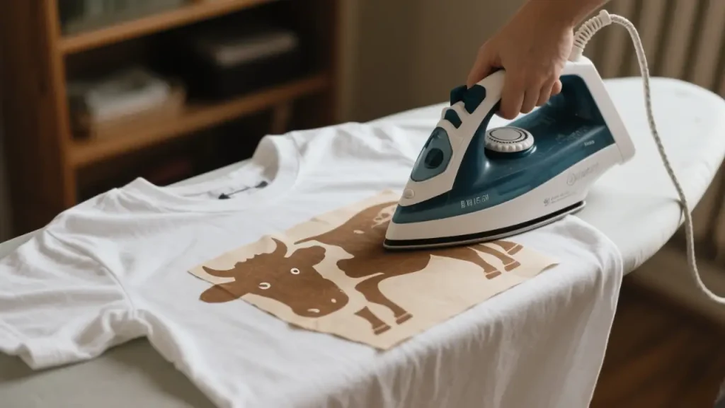 An iron is pressed on the kraft paper on a T-shirt, and the printed pattern is partially transferred to the paper
