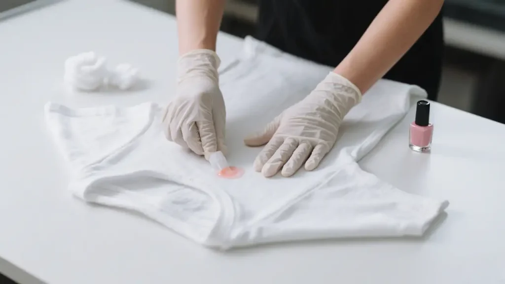 A pair of gloved hands apply acetone to the back of a t-shirt, next to a bottle of nail polish remover and cotton balls