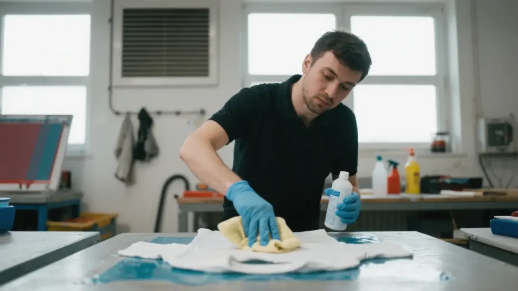A person wearing gloves applies plastisol remover to the printed area of ​​a T-shirt with a soft cloth at a workbench
