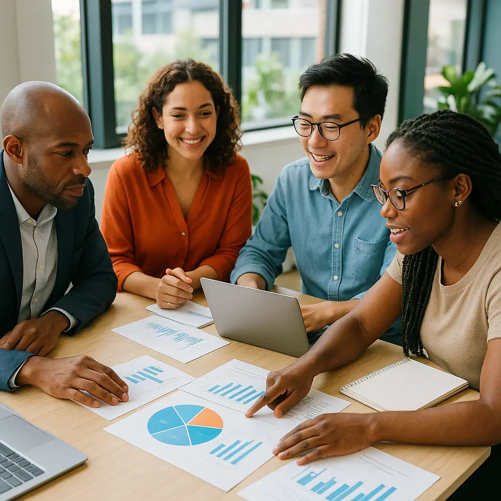 A scene of a team conducting market research and discussing a business plan