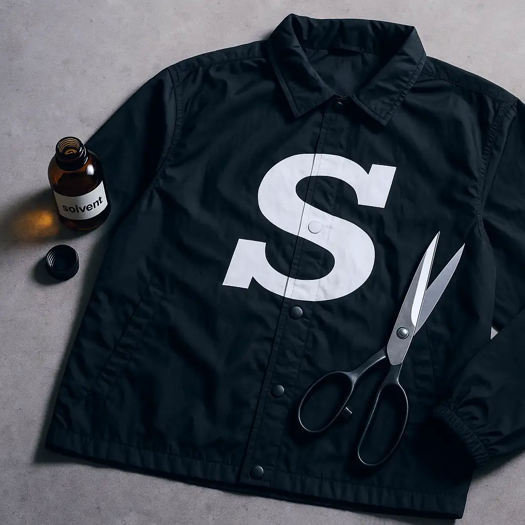 A nylon jacket with a large logo, with scissors and a solvent bottle placed next to it, implies "prepare for modification".