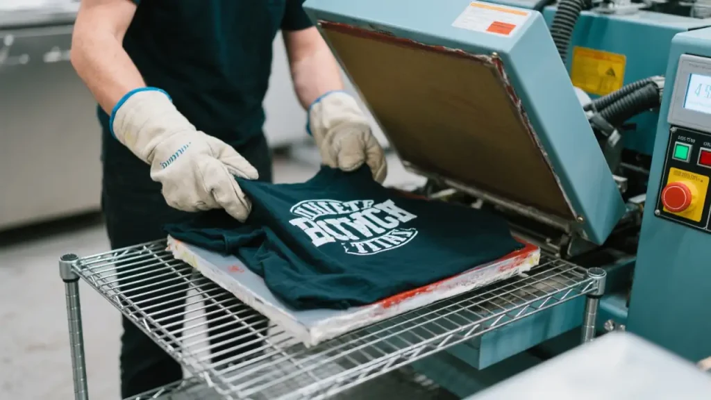 Operator removing pressed T-shirt with gloves and placing on cooling rack.